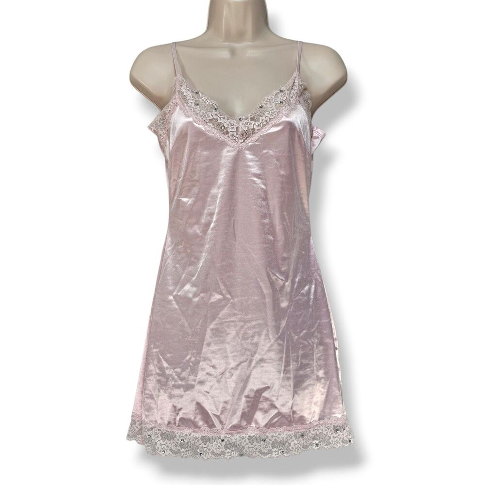 Spencer's Pink Lace Rhinestone Cami Size L Satin Finish Stretchy Coquette